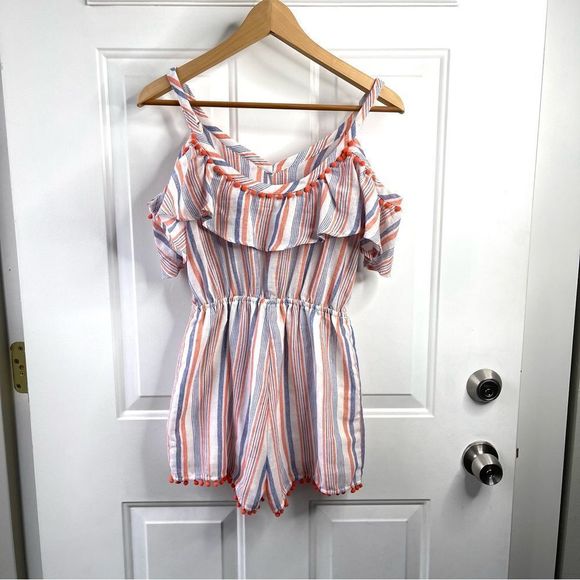 Moon River Ruffle Coral Stripe Cold Shoulder Pom Pom Vacation Romper Size Small - Picture 7 of 12